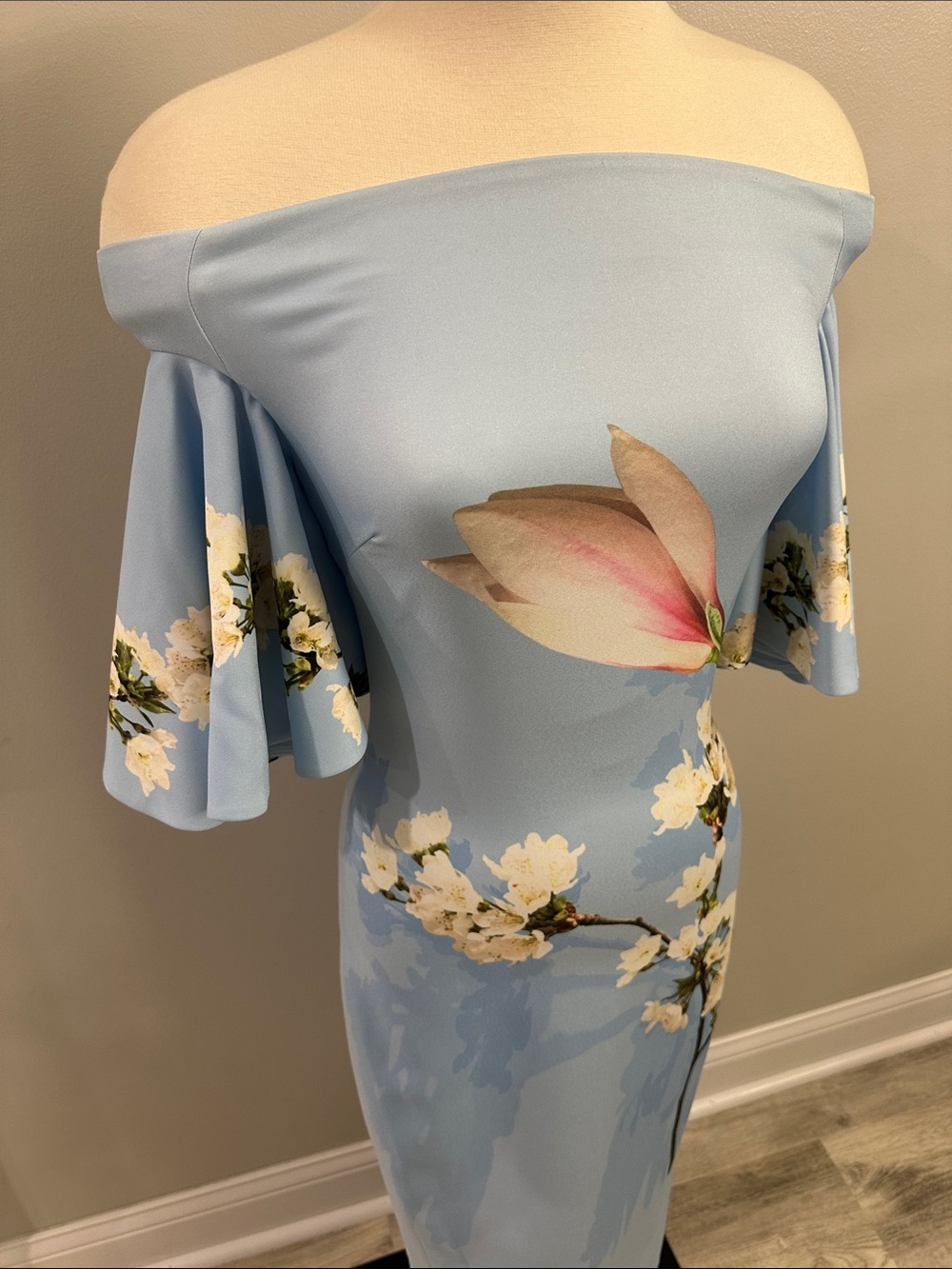 Ted Baker Light Blue Off-Shoulder Floral Midi Dress - Picture 5 of 11